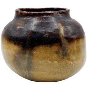 Studio Art Pottery Bean Pot Squat Vase Brown Tan Vintage Signed Small Ceramic